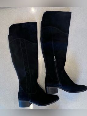 Black Suede Leather Knee High Boots Vince Camuto Sz 8 1/2 Kreesell Braid Detail